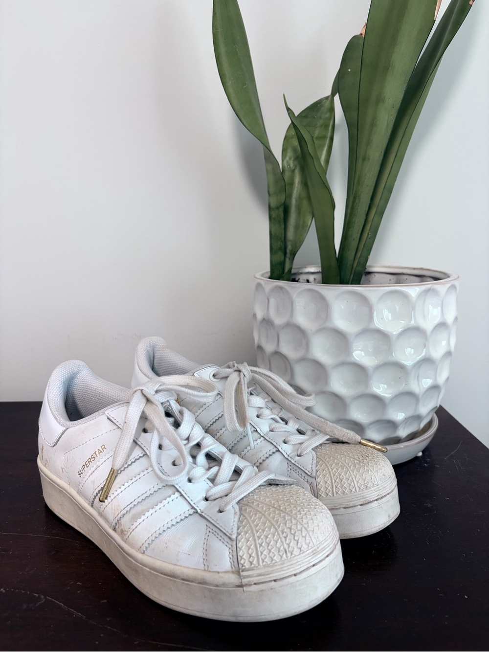 adidas White Superstar Platform Sneakers with Gold Accents